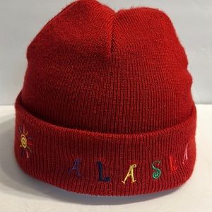Red acrylic beanie. Alaska. Pretty embroidered Alaska design.